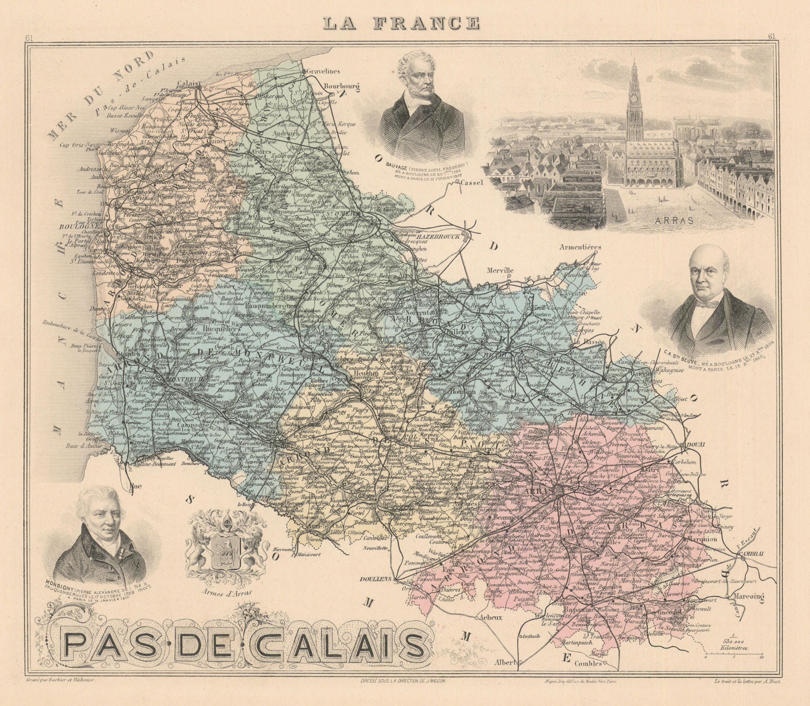 Pas-de-Calais département. Arras vignette. Vuillemin 1890 old antique map